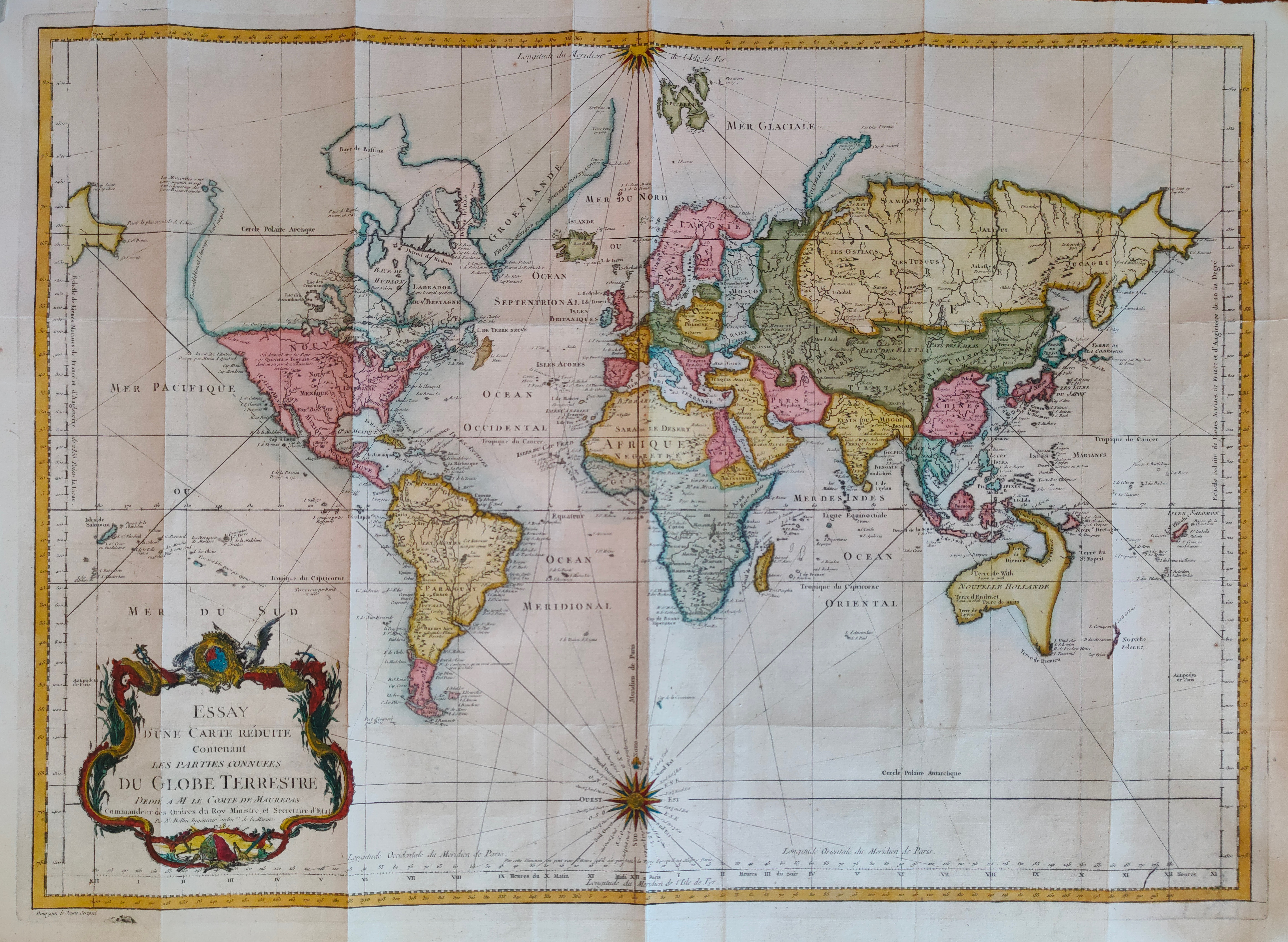 Essay D'Une Catre Reduite Contenant Les Parties Connues Du Globe Terrestre  by Bellin, World, 1748